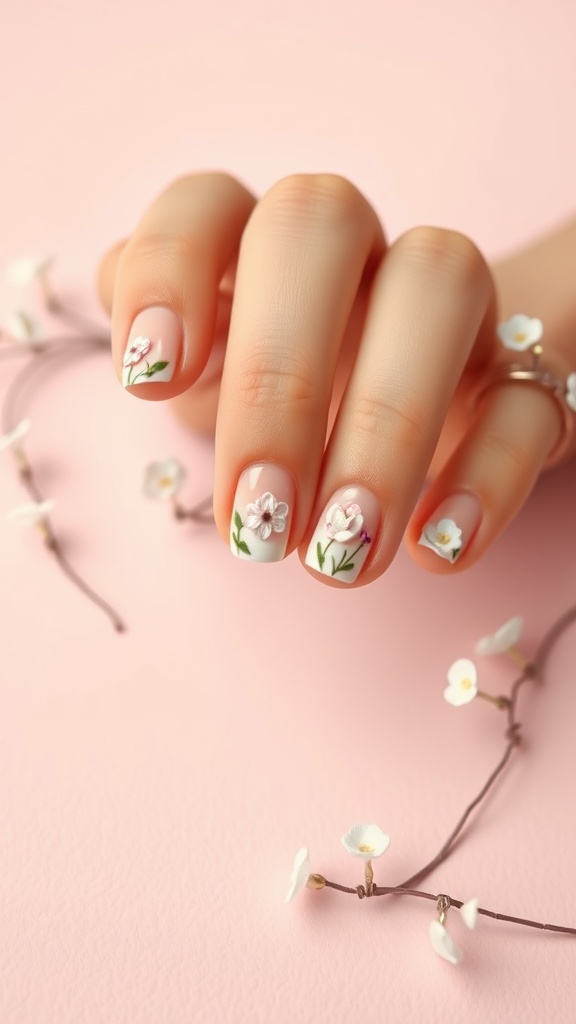 Close-up of short nails with floral art on a pink background.