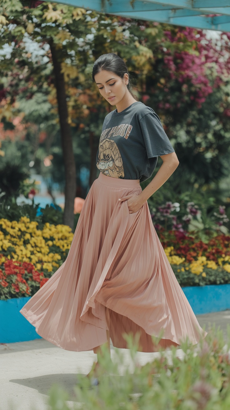 A woman wearing a flowy blush skirt and a graphic tee, standing in a flower garden