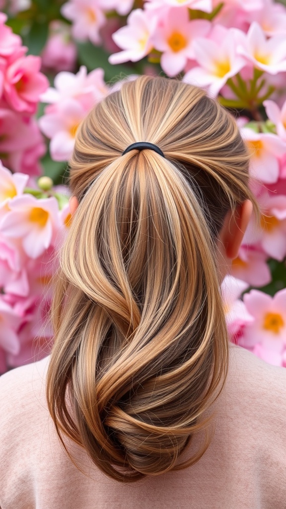 A woman with a fluffy ponytail and natural texture, surrounded by pink flowers.