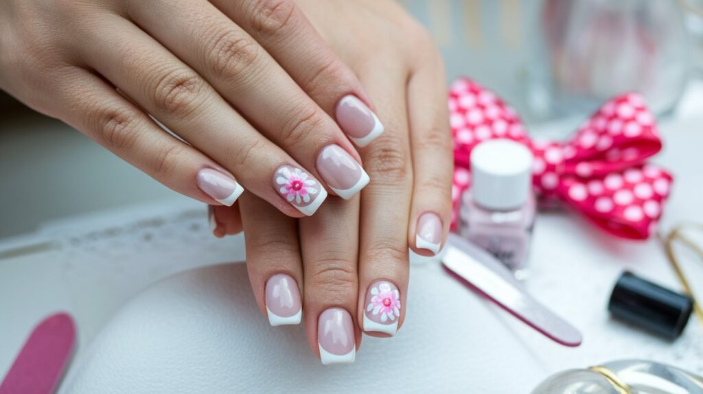 A photo of a woman's hands with French tip nails. The nails are painted white with a pink and white flower design near the tip. The nails are on the woman's hand, which is placed on a white surface. The background is blurred and contains a pink and white polka-dotted bow, a nail file, and a nail polish bottle.