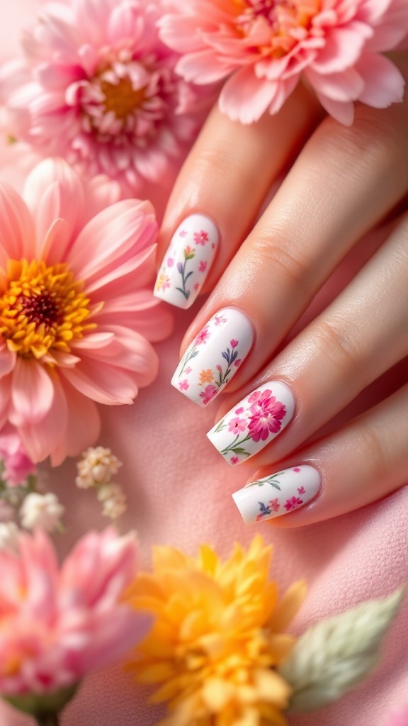 Close-up of hands with elegant floral nail designs surrounded by colorful flowers