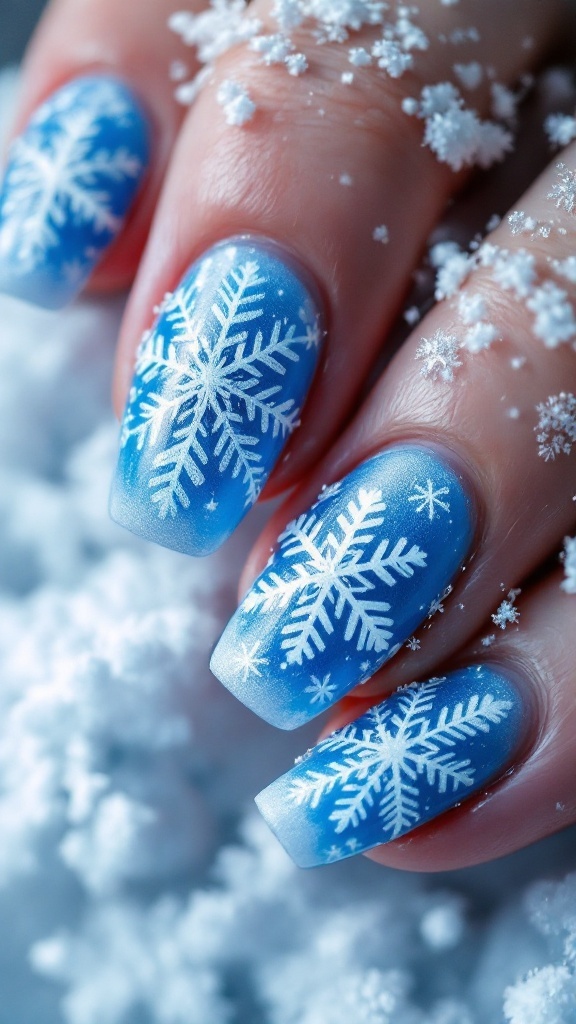 Close-up of nails with a frosted blue color and white snowflake designs