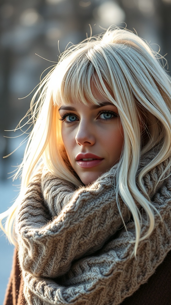 A woman with frosted platinum blonde hair wearing a cozy knit scarf.