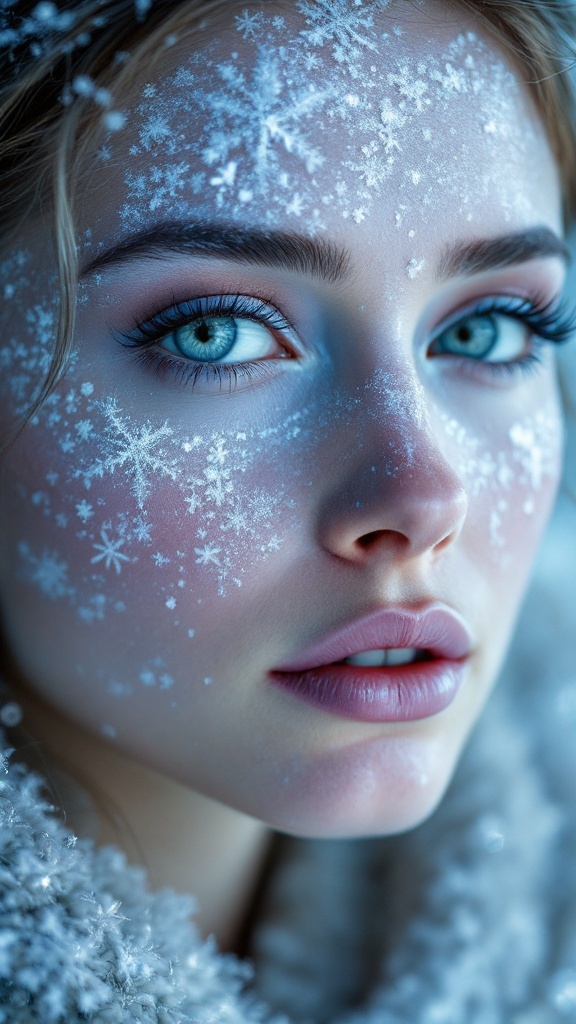 Close-up of a woman with blue eyes and frosty silver highlights on her face, decorated with snowflake patterns.