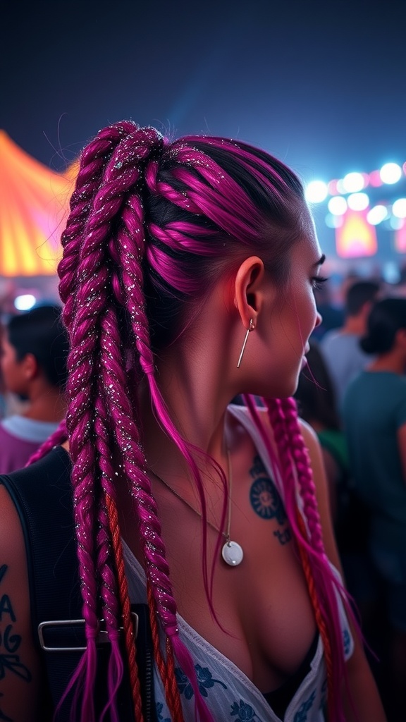 A woman with fuchsia braids adorned with glitter, showcasing a unique hairstyle at a lively event.