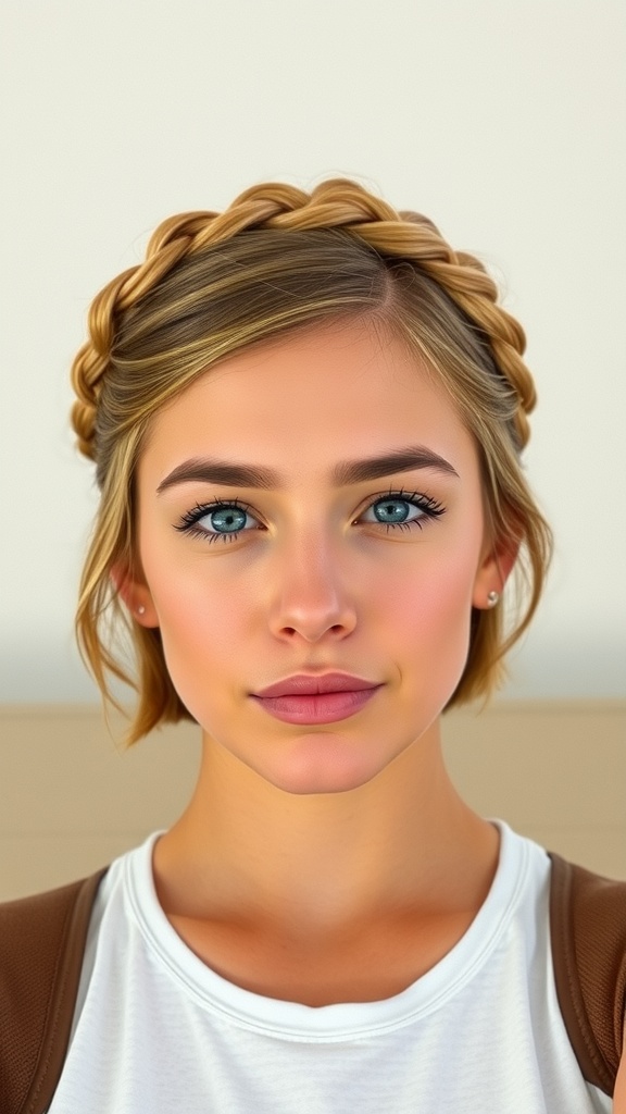 A woman with short hair styled in a braided headband, showcasing a fresh and playful look.