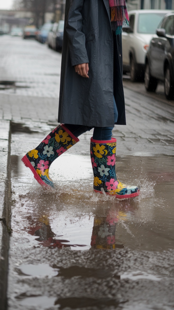 A person wearing colorful floral rain boots while walking through a puddle