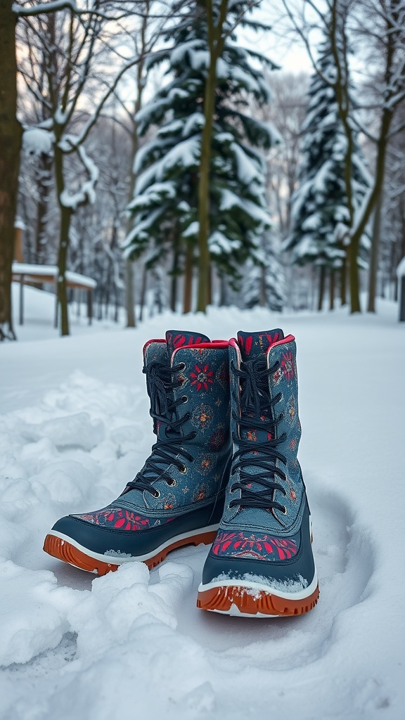 Funky printed winter boots in the snow