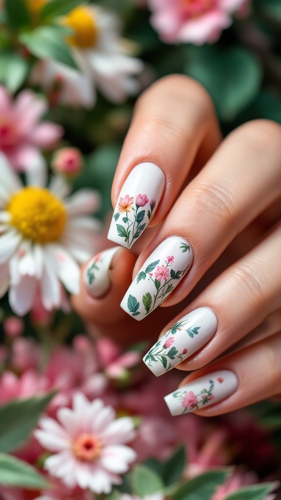 Nail design featuring floral patterns on a white background, surrounded by flowers.