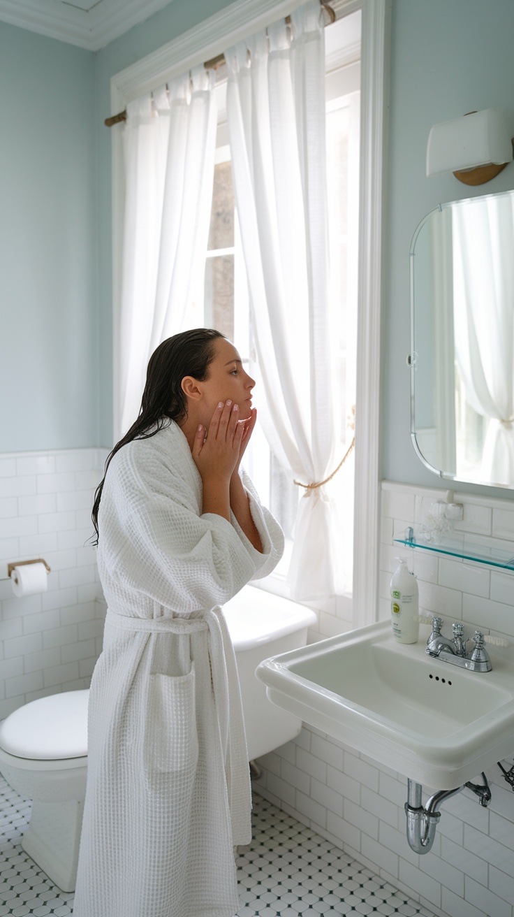 A person gently cleansing their face in a bright bathroom mirror