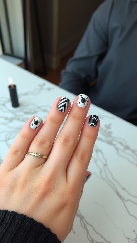 Close-up of a hand with geometric patterned short nails resting on a marble table.