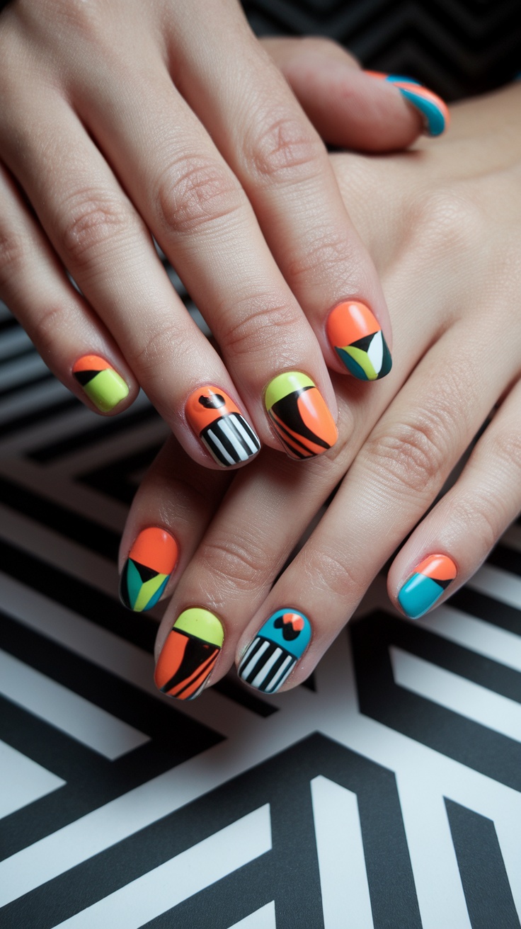 Colorful geometric patterned nail art featuring vibrant oranges, greens, and blues against a bold patterned background.