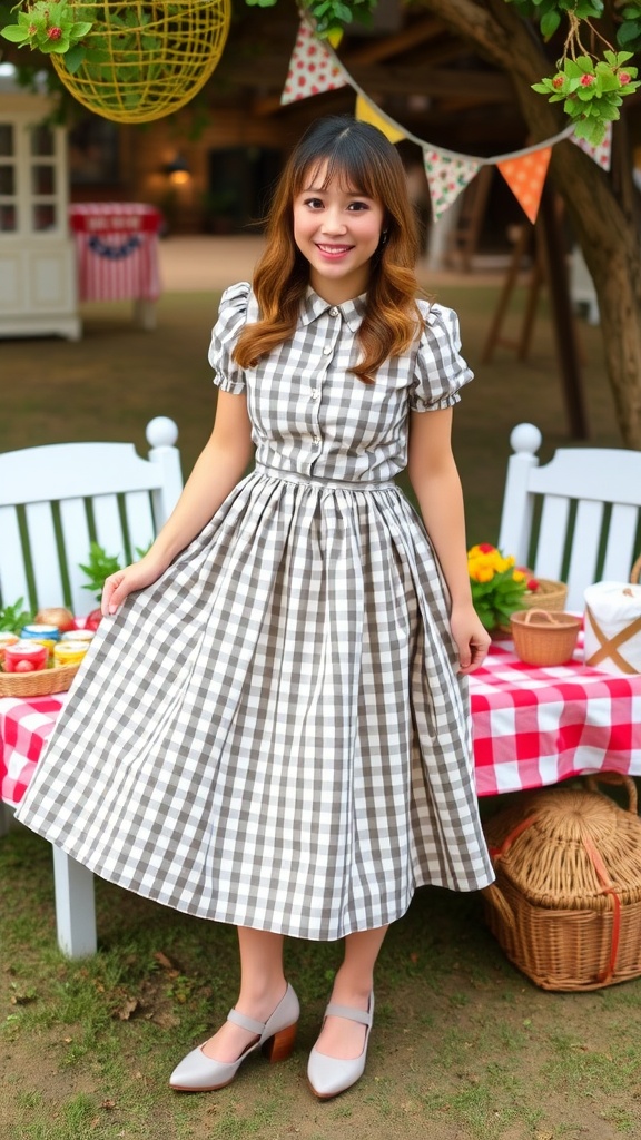 A red and white gingham check skirt displayed outdoors among baskets of fruit.