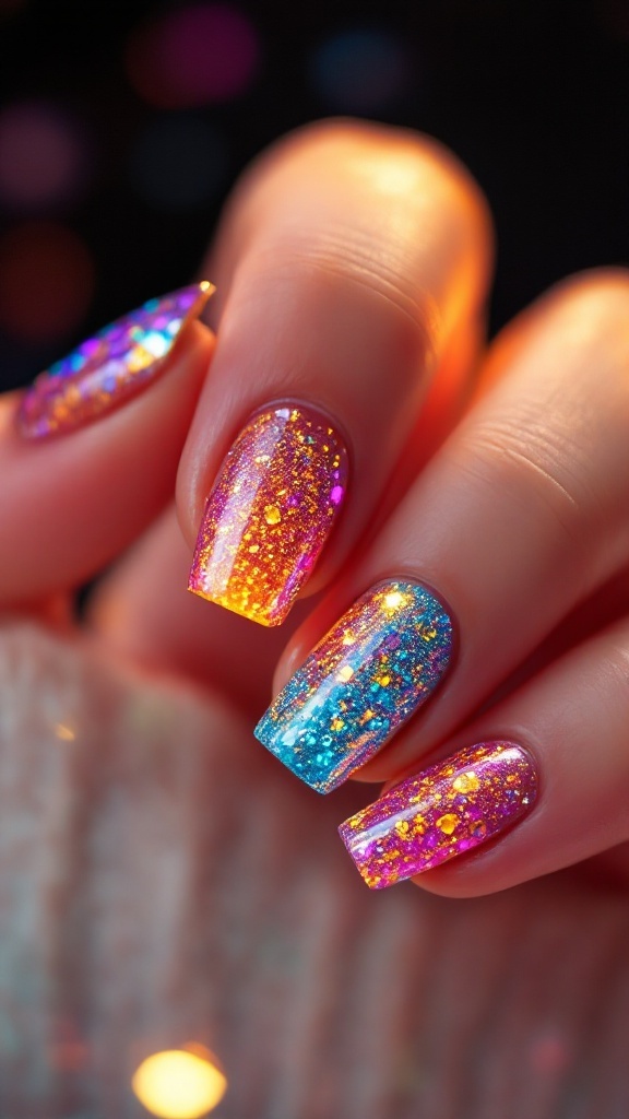 Close-up of hands with short nails featuring a glitter accent.