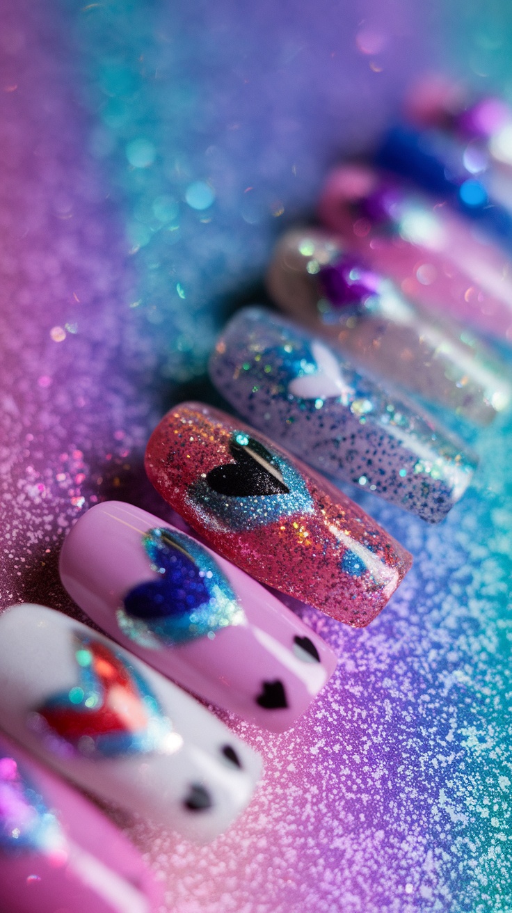 Colorful glitter nails with heart designs on a sparkling background.