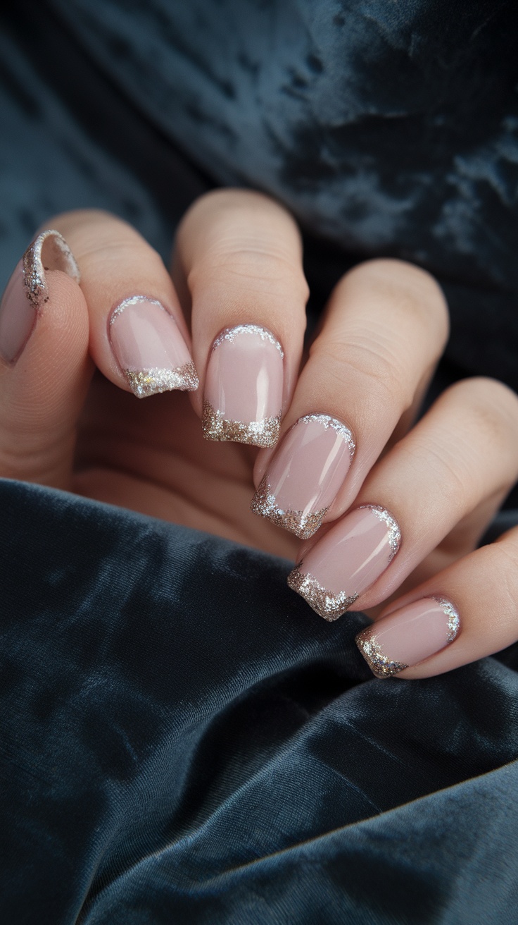 Close-up of nails with glittery french tips against a soft fabric background