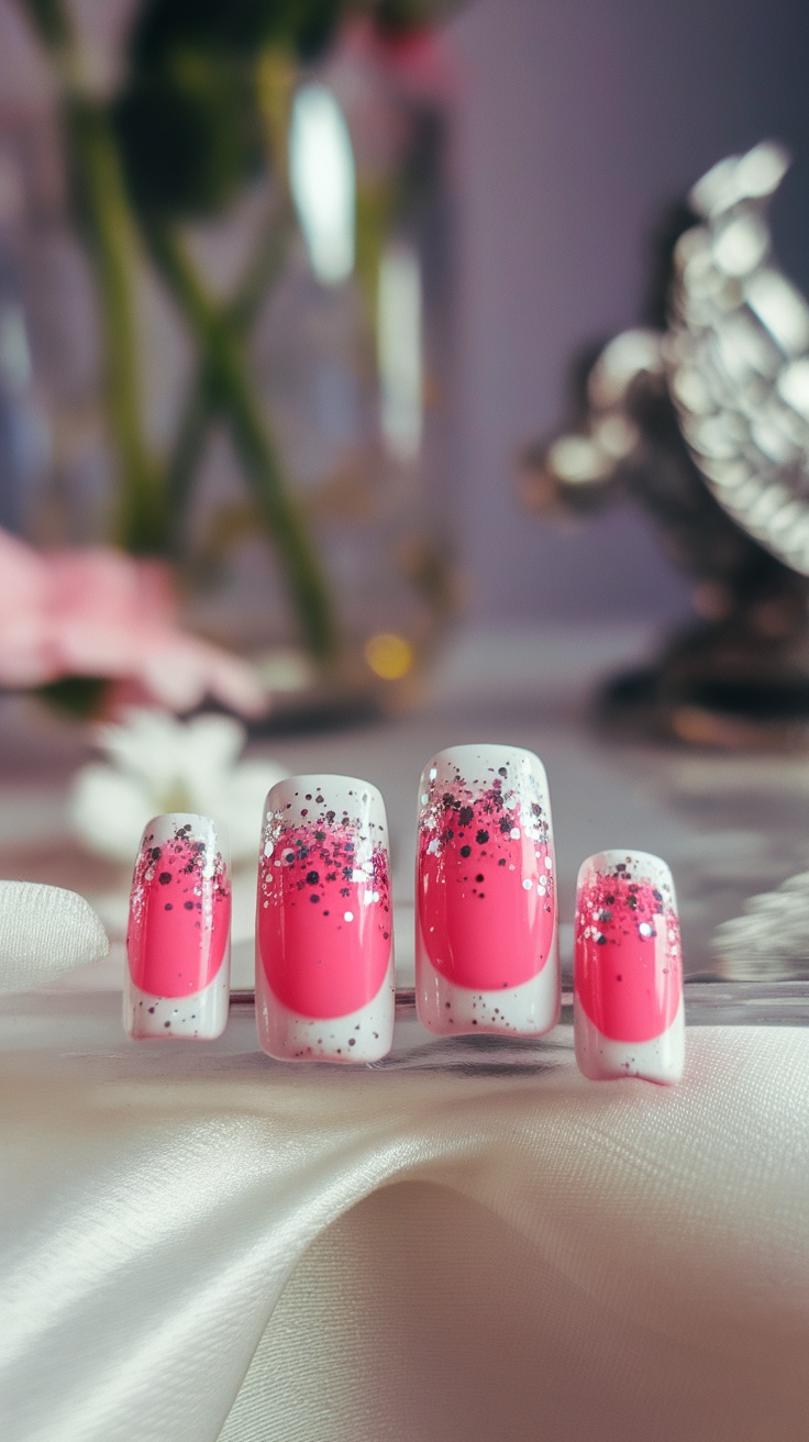 Nail art featuring pink nails with glittery tips on a soft surface