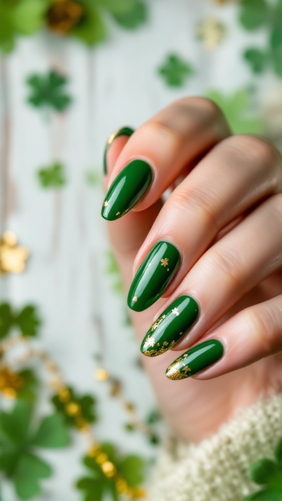 Close-up of green nails with gold foil accents for St. Patrick's Day.