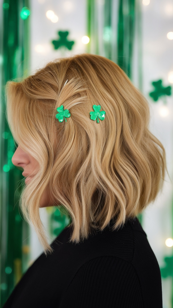 A woman with a chic golden bob hairstyle adorned with green shamrock clips for St. Patrick's Day.