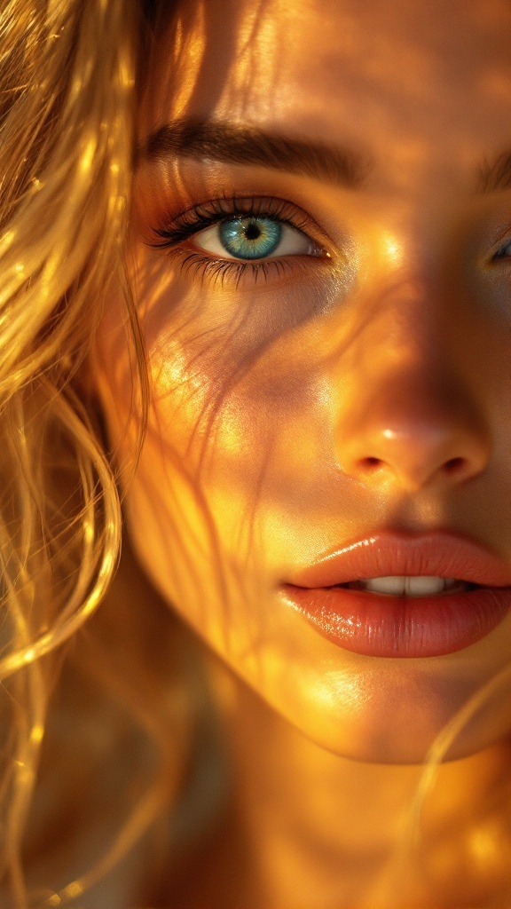 Close-up of a woman with blue eyes illuminated by the golden hour light, showcasing a radiant glow and soft makeup.