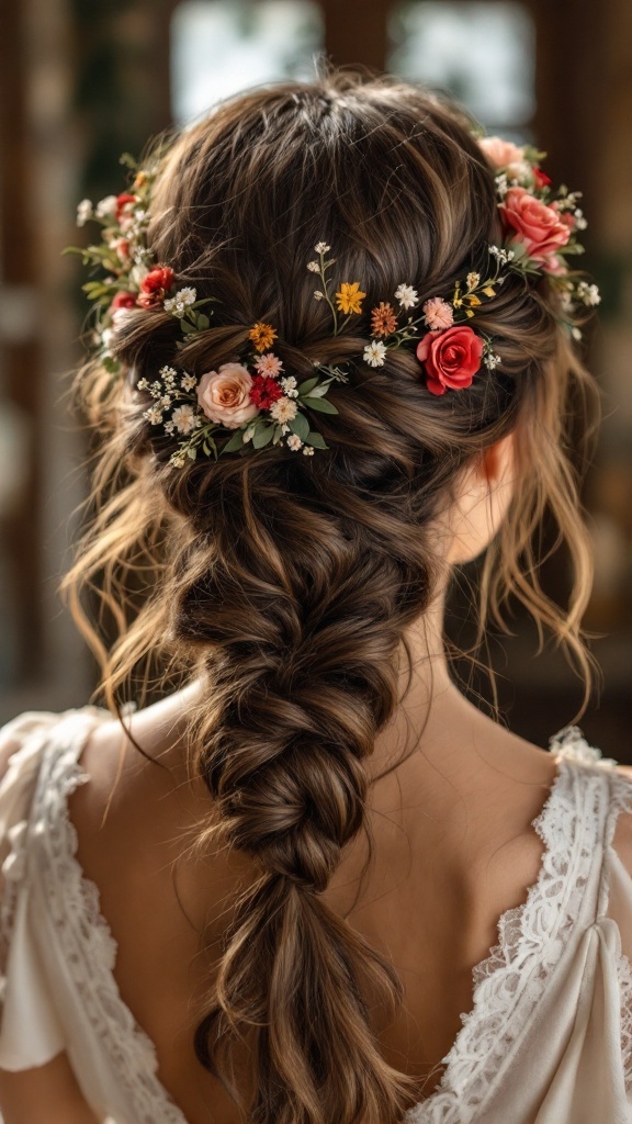 A woman with long hair styled in a twisted halo hairstyle decorated with flowers.