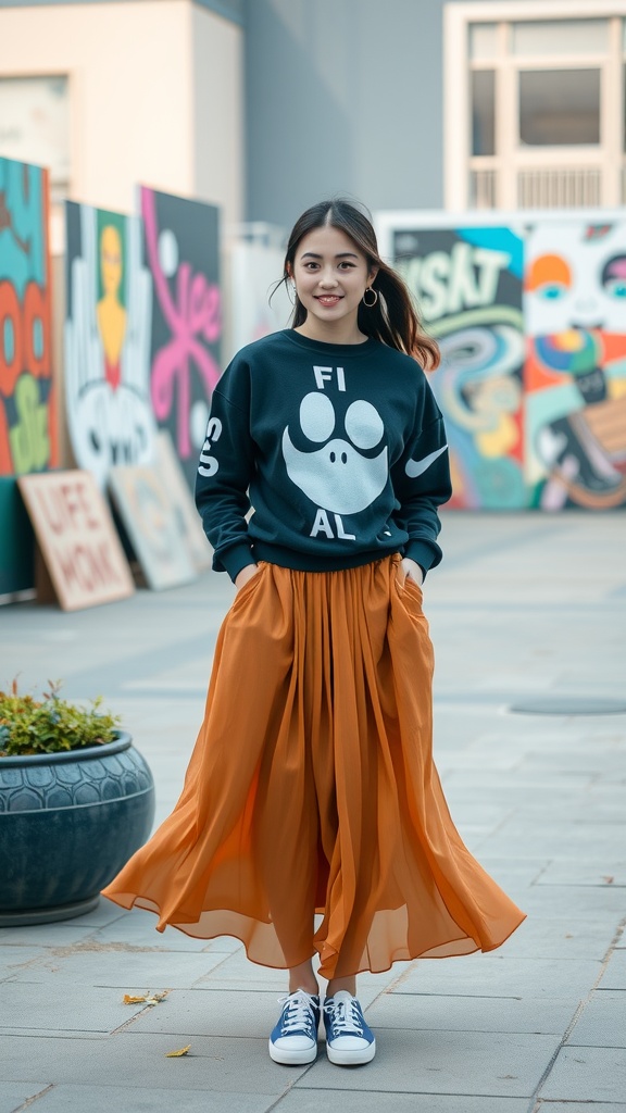 A person wearing a graphic sweatshirt and a flowing skirt outdoors