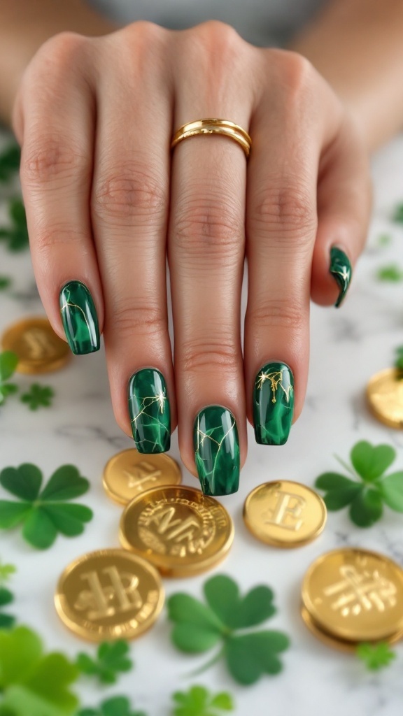 A hand with green marble nails and gold accents, surrounded by gold coins and green clovers