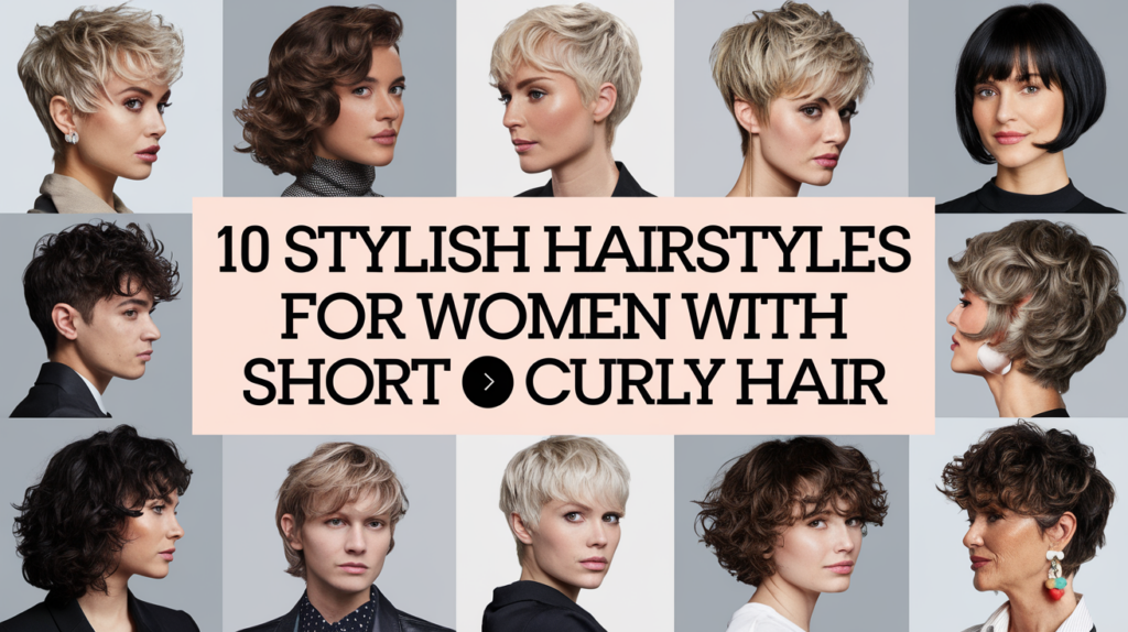 A blog thumbnail image with the text "10 Stylish Hairstyles for Women with Short Curly Hair". The background is a light grey. There are ten images of short curly hairstyles.