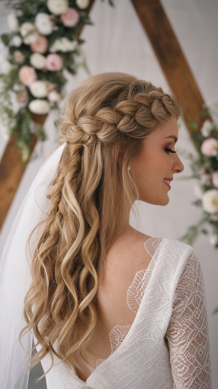 Woman with half-up curly hairstyle featuring braids, showcasing soft waves and a romantic style.