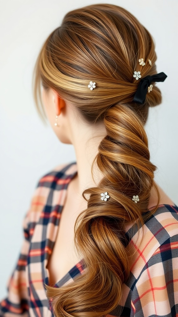 A stylish half-up half-down ponytail with floral hair clips and a black ribbon.