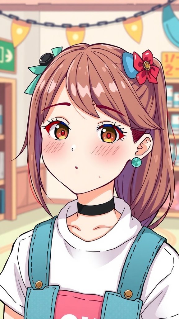 Anime character with half-up half-down hairstyle, colorful accessories