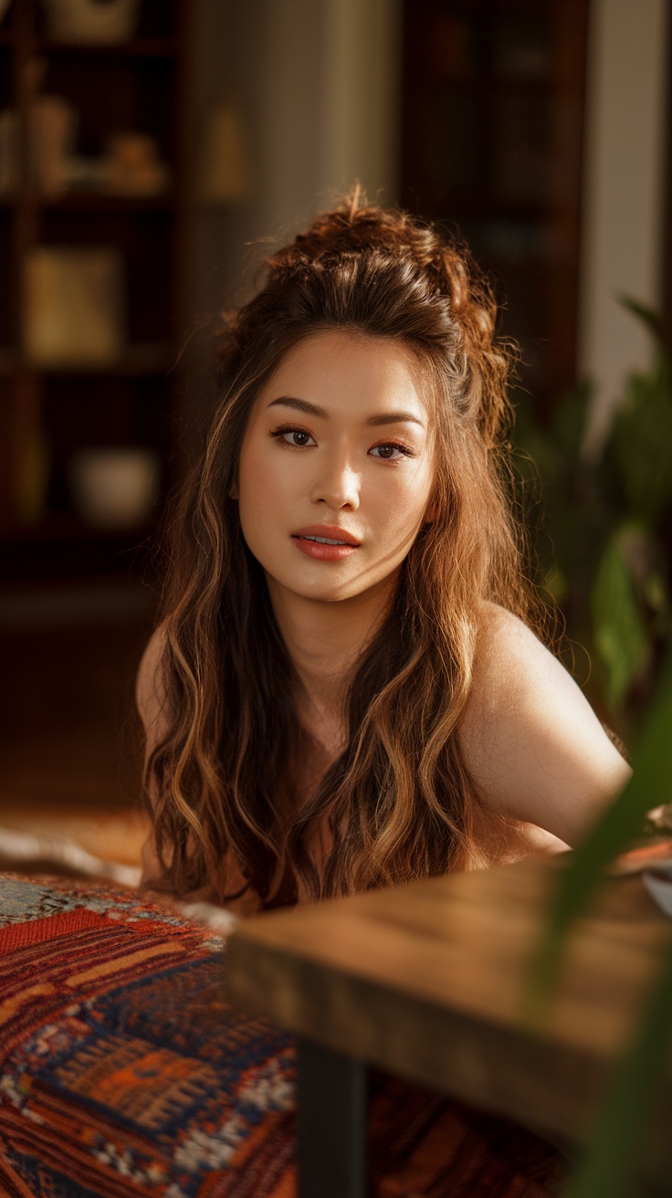 A woman with half-up half-down hairstyle featuring soft curls, showcasing a chic and elegant look.