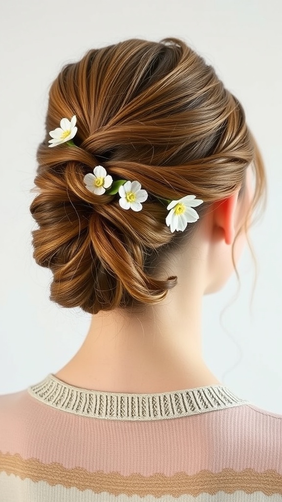 A woman with a half-up twisted bun hairstyle adorned with white flowers.