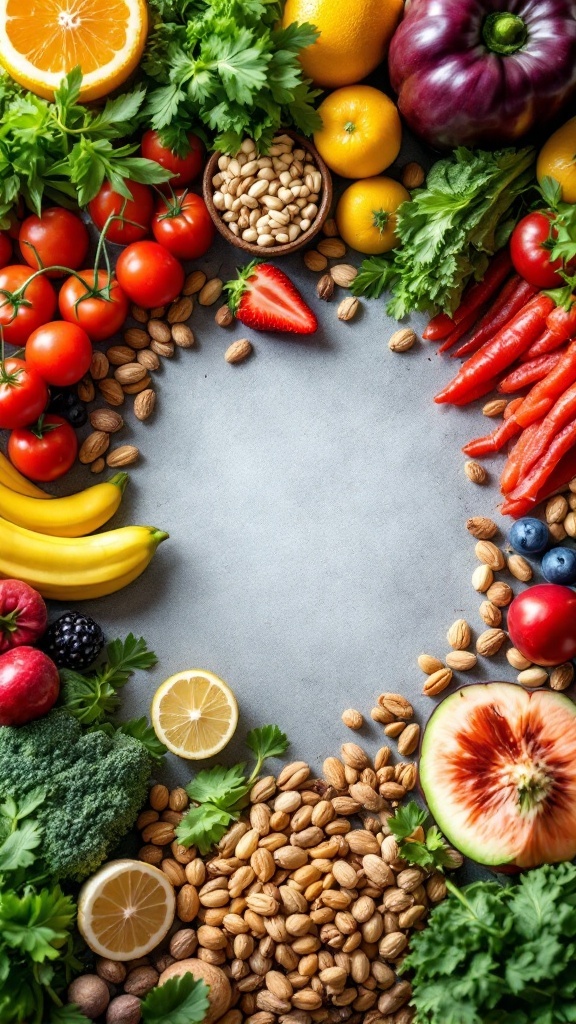 A vibrant display of various fruits, vegetables, and nuts arranged beautifully on a surface.