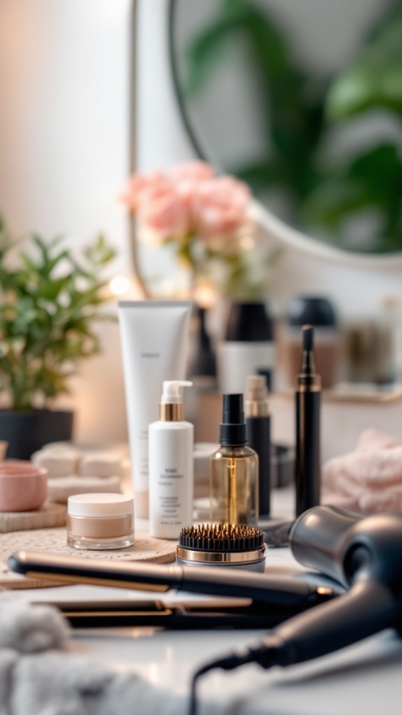 A collection of hair care products and styling tools on a vanity