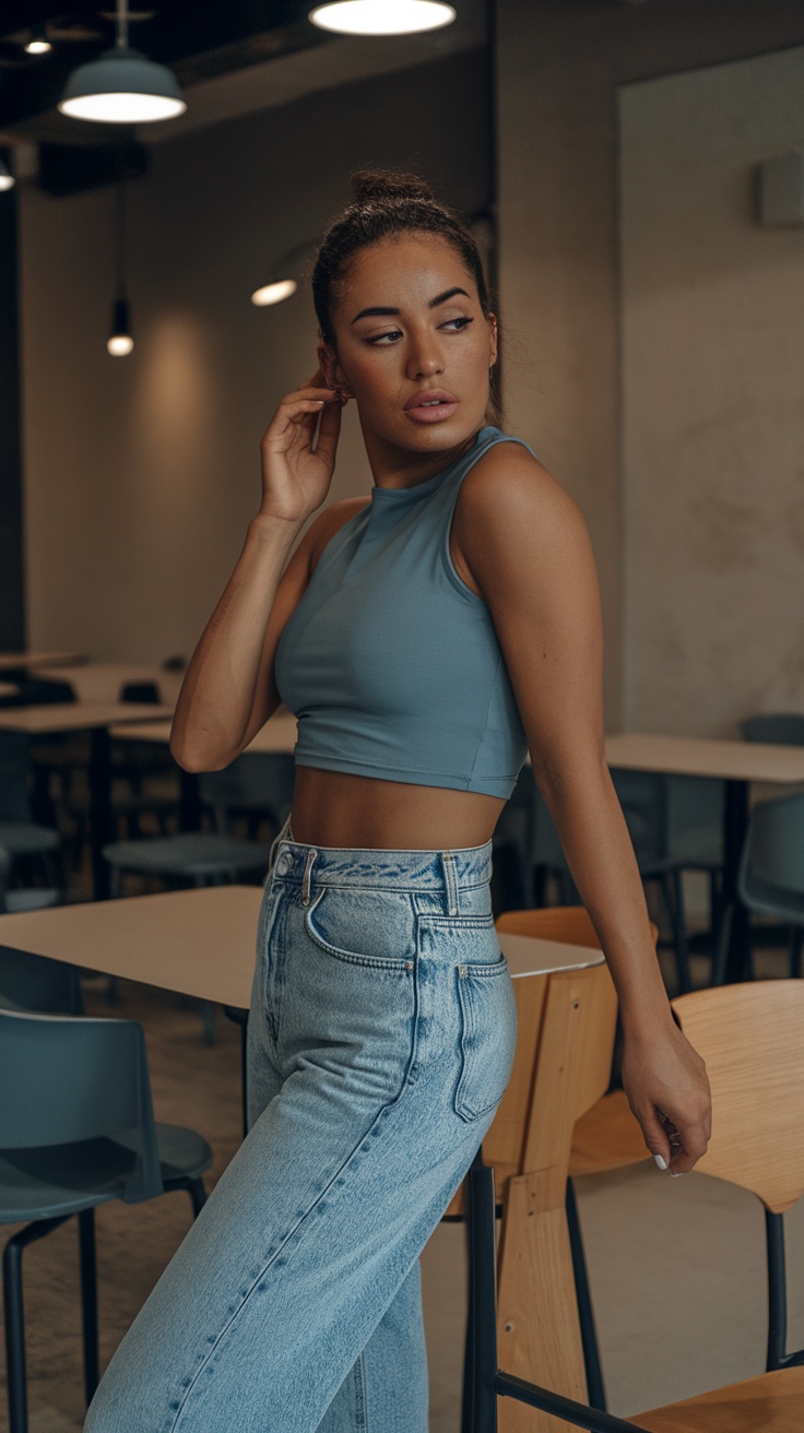 A woman wearing a light blue crop top and high-waisted light blue jeans, posing in a modern cafe.