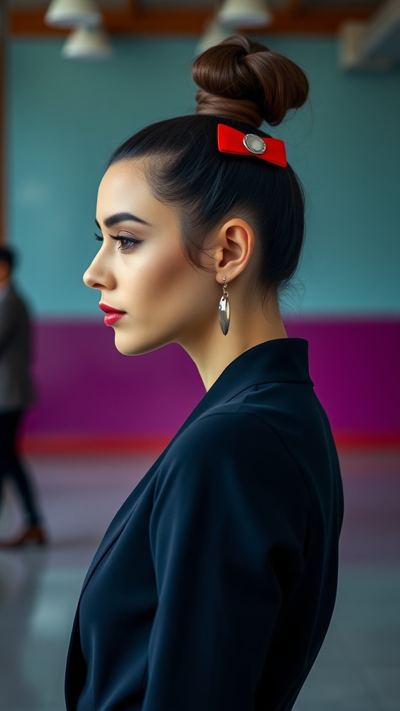 Profile view of a woman with a high ponytail styled with a statement hair clip