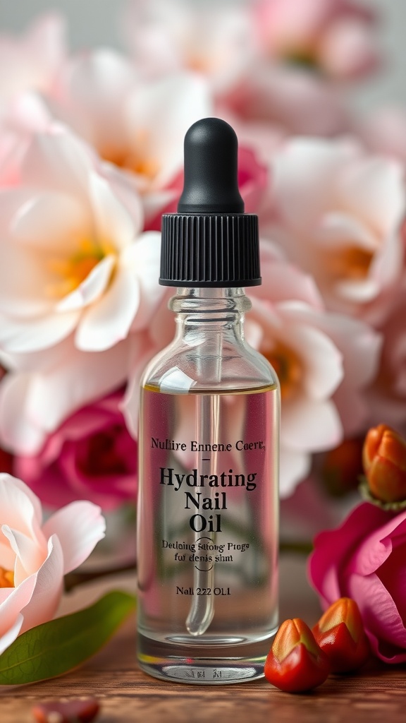 A bottle of hydrating nail oil surrounded by colorful flowers.