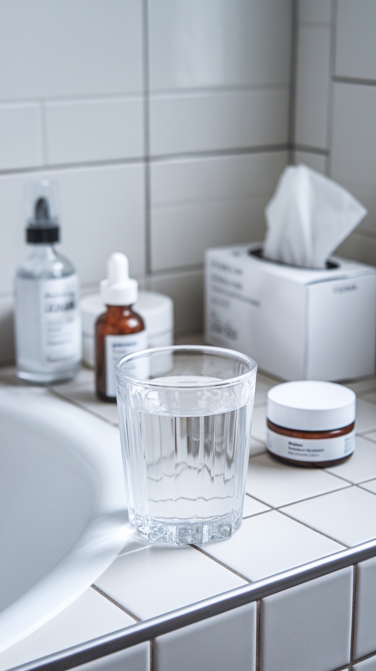 A glass of water next to skincare products on a bathroom counter