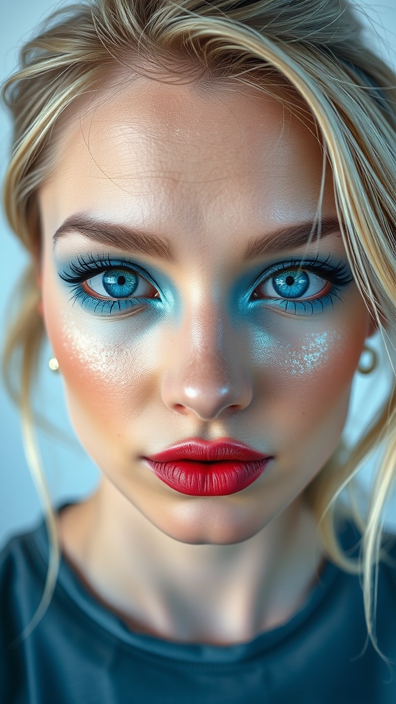 Close-up of a woman with ice blue metallic eye makeup and bold red lips.