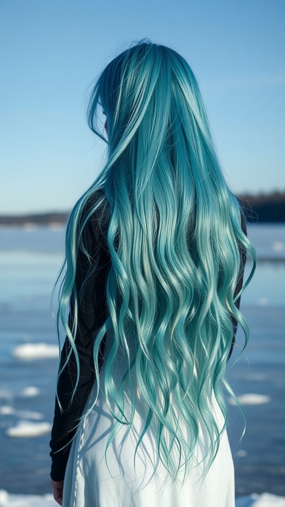 A woman with long, wavy icy blue hair standing against a winter backdrop