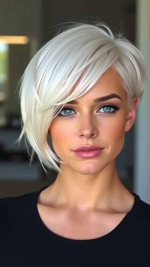 A woman with icy platinum blonde short hair, looking stylish and confident.