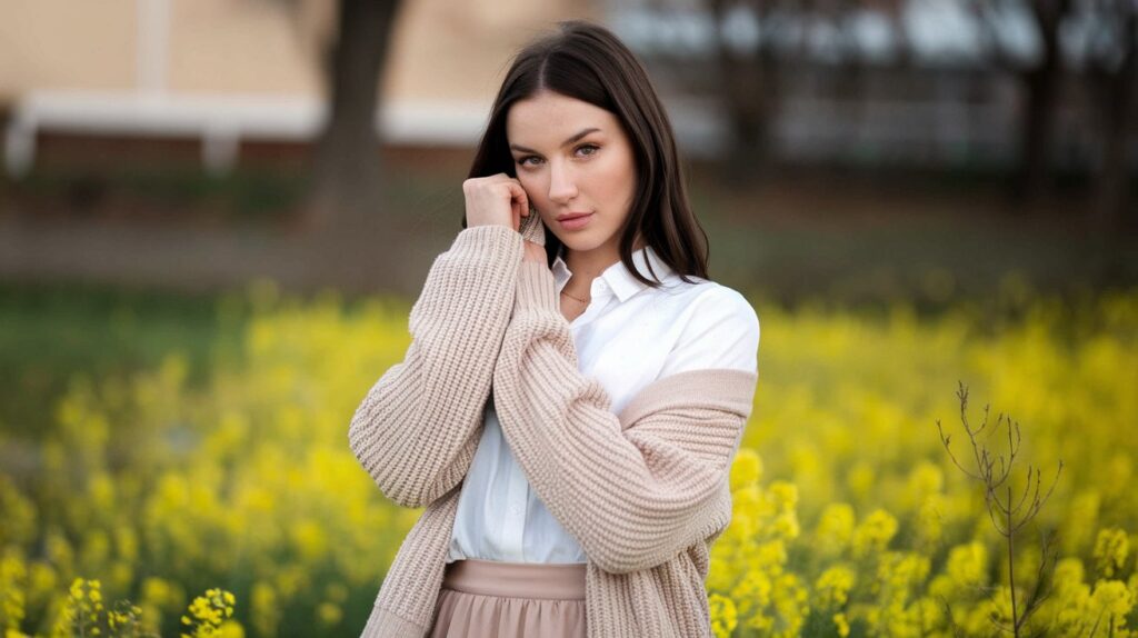 A slide image for a blog featuring a beautiful woman with dark hair and fair skin. She is standing in a field of bright yellow flowers. She is wearing a white shirt, a beige cardigan, and a beige skirt. The woman is holding the cardigan up to her face. The background is blurred, showing a building and trees. The lighting is soft.