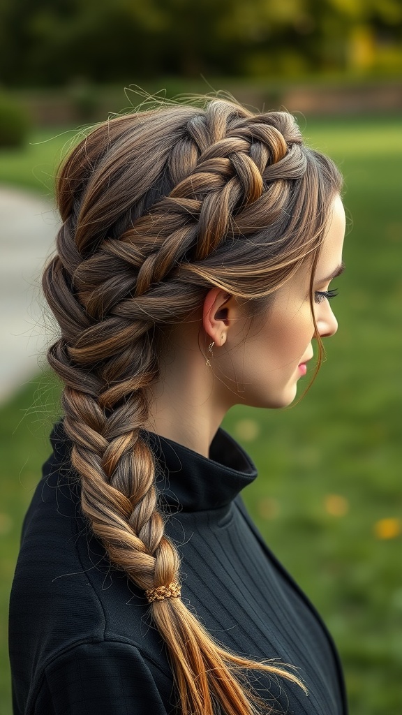 A woman with intricate Dutch braids styled elegantly on a sunny day.