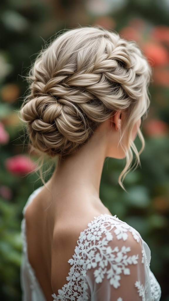 A woman with an intricate lace braided updo hairstyle, showcasing long hair styled elegantly for a wedding.