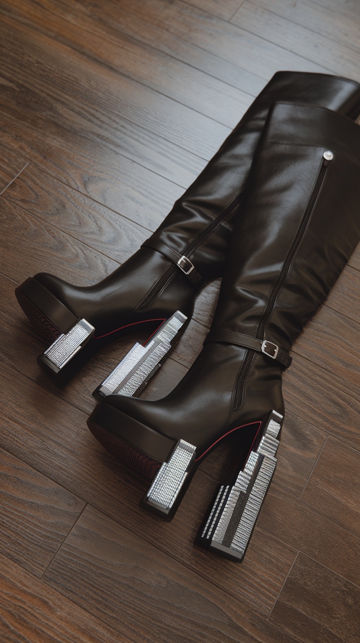 Black knee-high boots with statement heels and metallic details