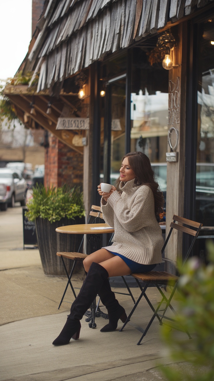 A woman enjoying coffee while wearing a knit sweater and mini skirt, sitting outside a café.