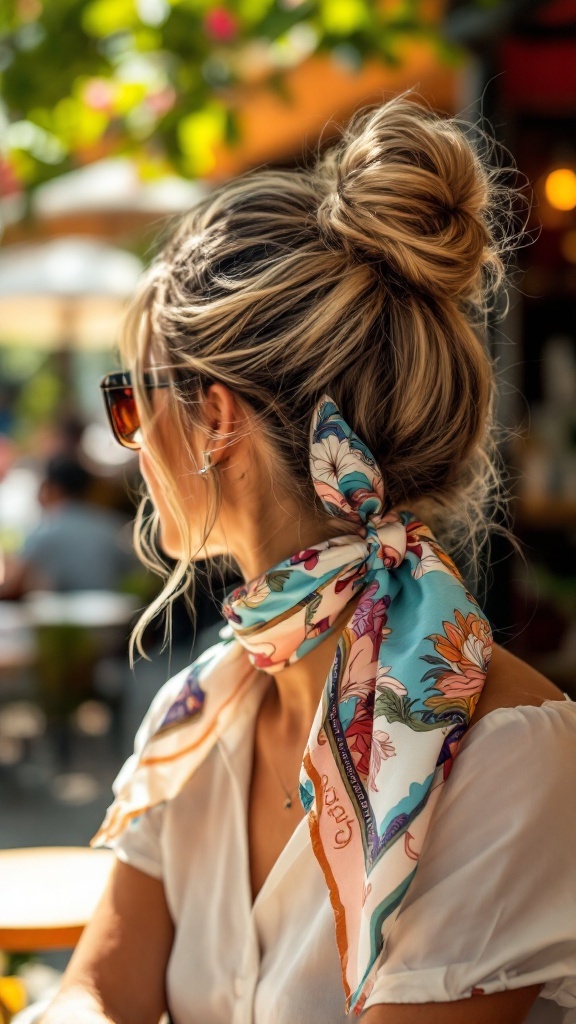 A woman with a knotted bun, decorated with a colorful silk scarf, enjoying a spring day.