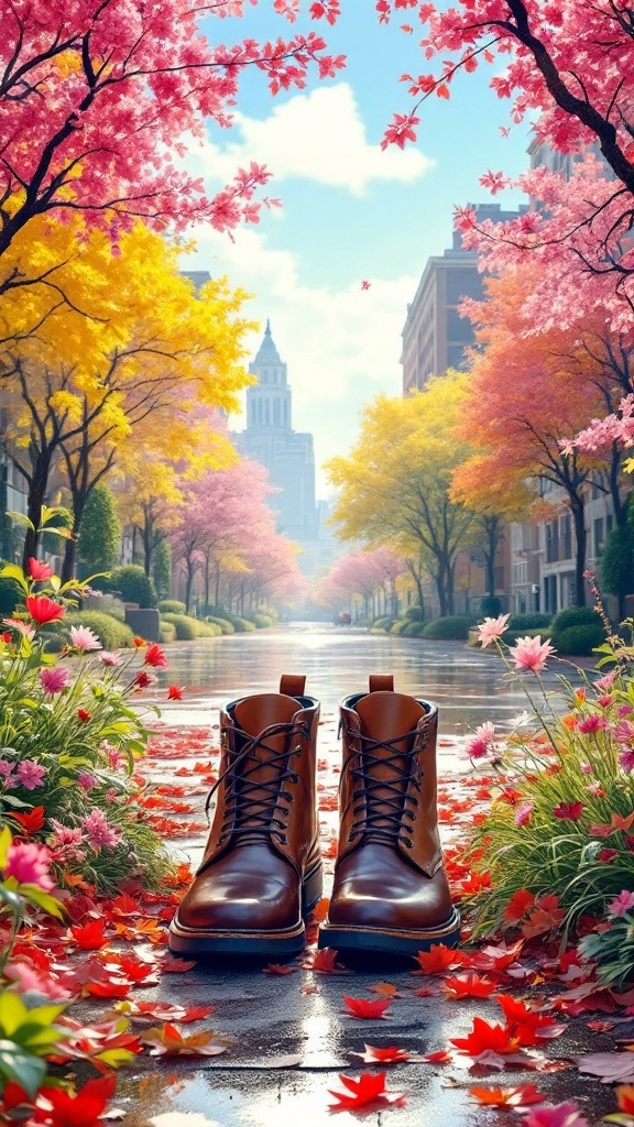 A pair of brown lace-up boots set on a path surrounded by vibrant flowers and trees in spring.