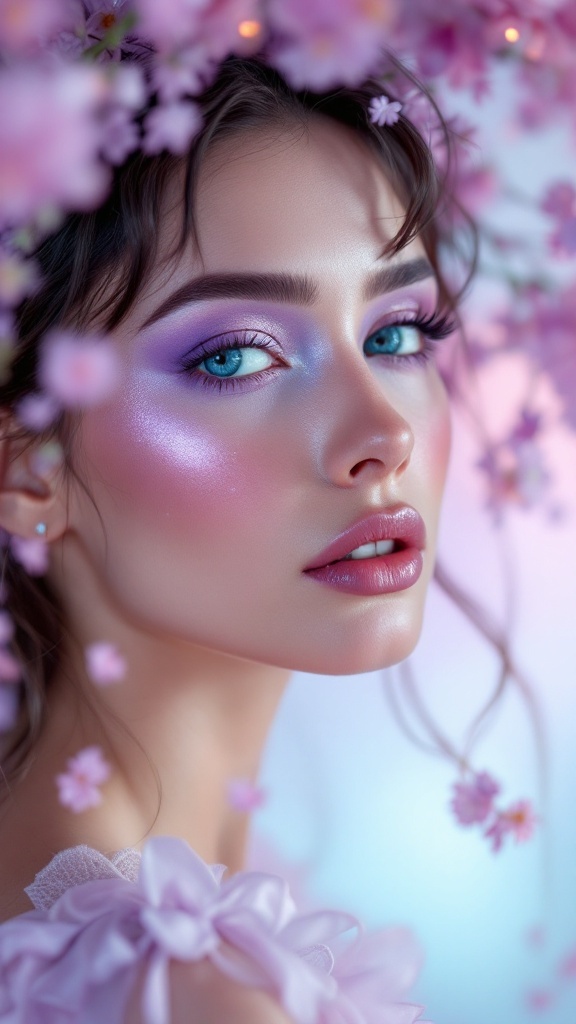 Woman with blue eyes wearing lavender makeup surrounded by pink flowers